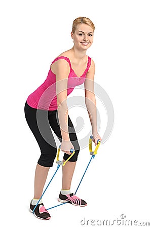 Back extension exercise using rubber resistance band Stock Photo