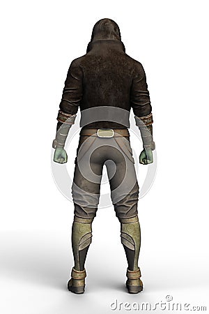 Back facing away render of an alien man wearing explorer futuristic clothing Cartoon Illustration