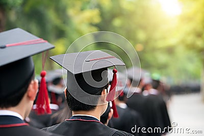 Back of graduates during commencement at university. Close up at Stock Photo