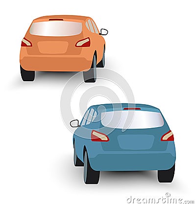 Back of hatchback cars orange and blue in vector on white background Vector Illustration