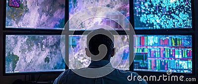Back of Male tech worker staring a various screens, finance trader using computer screens. Stock Photo