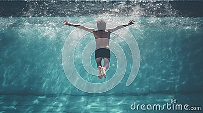 Back of man swimming underwater in a swimming pool Stock Photo