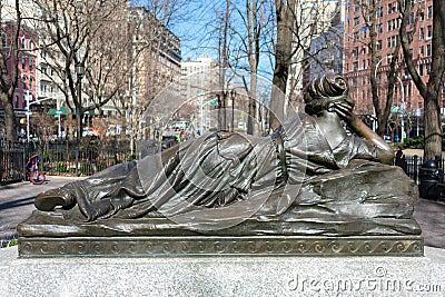 Back of a Nymph Statue on the Isidor and Ida Straus Memorial at Straus Park on the Upper West Side of New York City Editorial Stock Photo