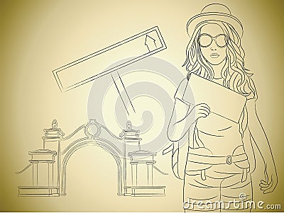 Back Packer Woman Looking for Direction South Asia Travelling Vector Illustration Stock Photo