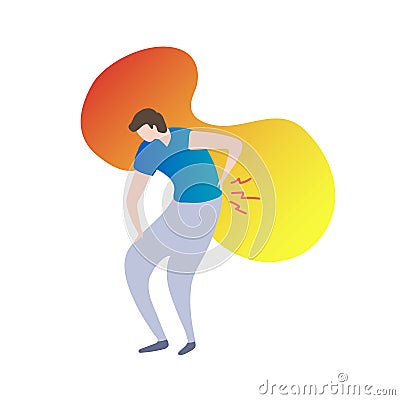 Back pain concept modern vector illustration, male person holding back on fluid gradient background.Painful spinal injury tension. Vector Illustration