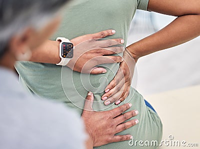 Back pain, hands in physical therapy and chiropractor with patient, spine injury and healthcare, help and people at Stock Photo