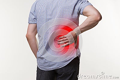 Back pain, kidney inflammation, man suffering from backache Stock Photo