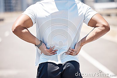 Back pain, sport injury and person with muscle, inflammation and accident from fitness. Outdoor, athlete and injured Stock Photo