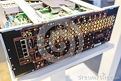 Back panel of audio amplifier Editorial Stock Photo