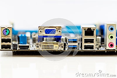 Back panel connectors of the computer motherboard Stock Photo