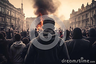 Back of person in protest riot crowd with fire in background Cartoon Illustration