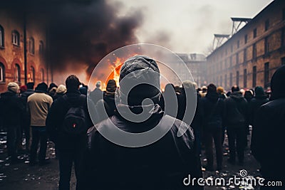 Back of person in protest riot crowd with fire in background Cartoon Illustration