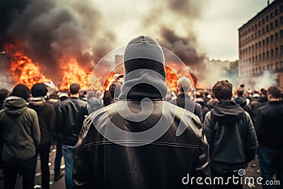 Back of person in protest riot crowd with fire in background Cartoon Illustration