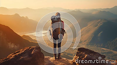 Back of person standing on rock looking out on mountain landscape Stock Photo