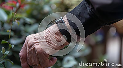 On the back of a persons hand a device that looks like a bracelet is attached. The device emits vibrational alerts to Stock Photo