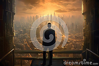 Ambition concept with confident businessman on the top of building and looking on futuristic city skyscrapers Stock Photo