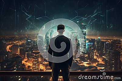Ambition concept with confident businessman on the top of building and looking on futuristic city skyscrapers Stock Photo