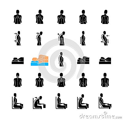 Back and posture problems black glyph icons set on white space Vector Illustration