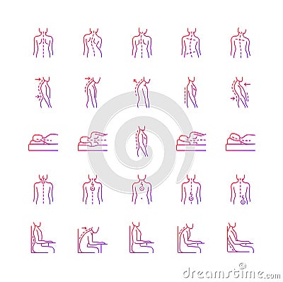 Back and posture problems gradient linear vector icons set Vector Illustration