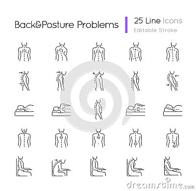 Back and posture problems linear icons set Vector Illustration