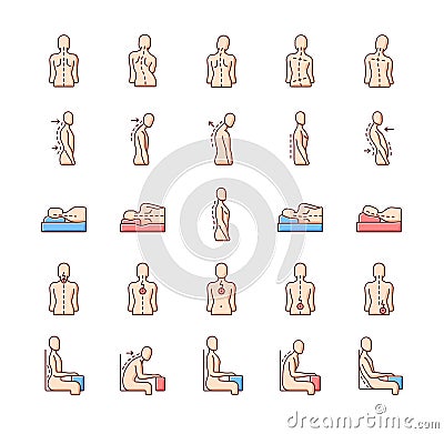 Back and posture problems RGB color icons set Vector Illustration