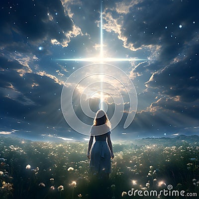 Back rare view of women standing in flower field Cross or crusifix God ray light cloud sky glittering star , AI Generated Stock Photo