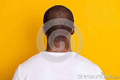 Back rear spine view photo of afro american guy worker stand head hide his personality wear good look clothes isolated Stock Photo