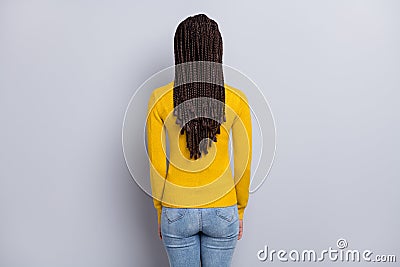 Back rear view photo of young african woman anonym new hairdo dreadlocks isolated over grey color background Stock Photo