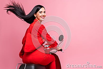 Back rear view photo of young cheerful girl happy positive smile ride bike travel isolated over pastel color background Stock Photo