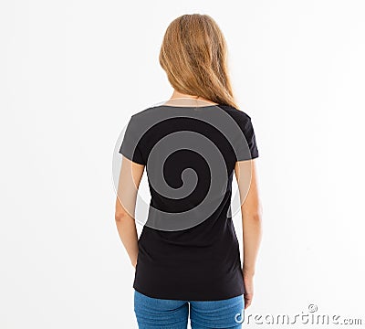 Back rear view: woman in black tshirt isolated, girl in t-shirt mock up, black T shirt. Midsection female tshirt on white Stock Photo