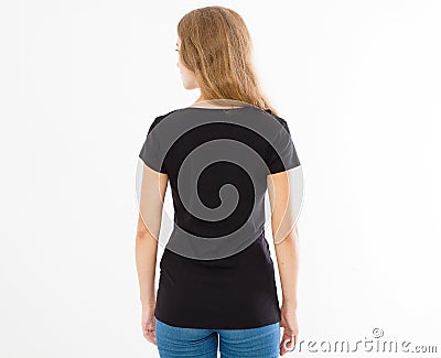 Back rear view: woman in black tshirt isolated, girl in t-shirt mock up, black T shirt. Midsection female tshirt on white Stock Photo