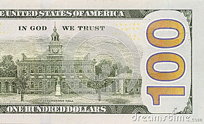 Back Right Half of the New One Hundred Dollar Bill Stock Photo