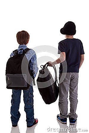 Back of schoolboy holding backpack Stock Photo