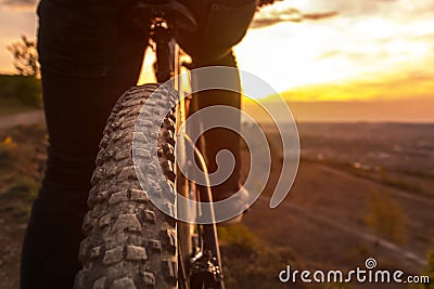 Back shot of mountain bike on sunset. Mountain bike rear wheel detail. Mountain bike tire. Stock Photo