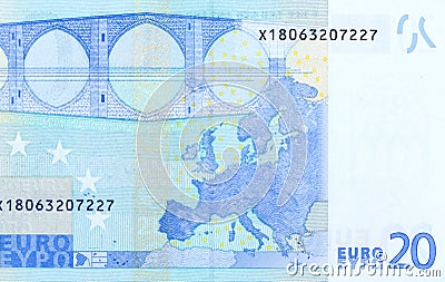 Back side of 20 euro - macro fragment banknote. Stock Photo