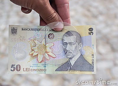 Back side of fifty Romanian bank note lei Stock Photo