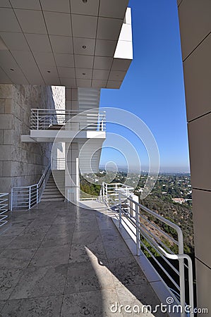 The stairs at the Getty museum over looking downtown Los Angeles, Ca. Editorial Stock Photo