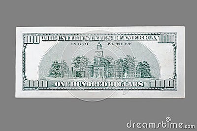 Back side of a hundred dollar bill usa on isolated gray background Stock Photo