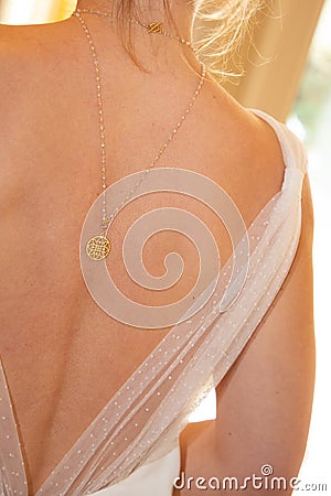 Back side rear woman jewel necklace behind Stock Photo