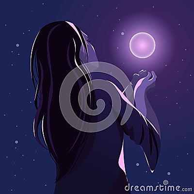 Back side of a witch in the darkness summoning a spirit. New age concept of the occult, woman holding a magic orb. Vector Illustration