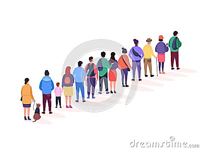 Back stand queue. Queueing people crowd long line in public bathroom, group person waiting buy airport ticket, standing Vector Illustration