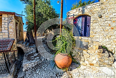 A back street scene in the mediaeval village of Lofou. Limassol Stock Photo