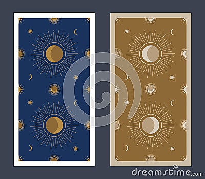 Back of Tarot card decorated with stars, sun and moon. Esoteric background Vector Illustration