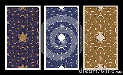 Back of Tarot card decorated with stars, sun and moon. Esoteric background Vector Illustration