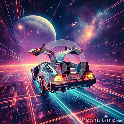 Future Delorean flying space, synth wave Generative ai for illustrations Cartoon Illustration
