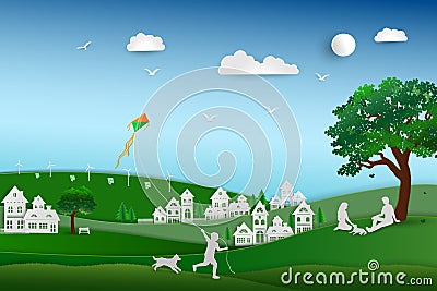 Back to nature and save the environment concept,family love the dog happy and relax in the meadow,paper art design Vector Illustration