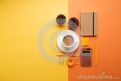 Back to office concept with supplies and coffee Stock Photo