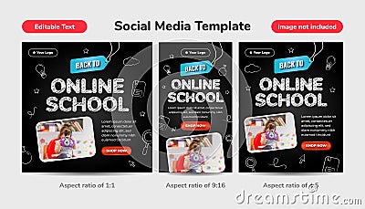 Back to online school social media template background with editable text effect and icon chalk style on black board. 3d Pencil Vector Illustration