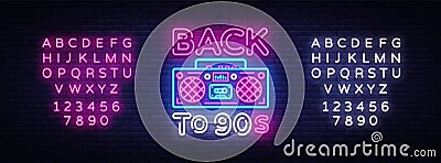 Back to 90s neon poster, card or invitation, design template. Retro tape recorder neon sign, light banner. Back to the Vector Illustration