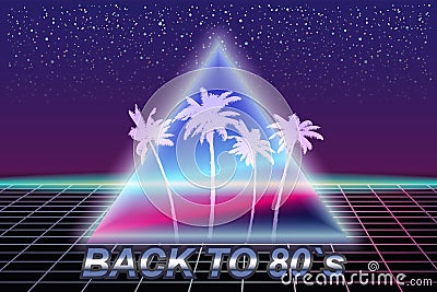 Back to 80 s retro banner vaporwave aesthetic background Synthwave. Palms silhouette triangle grid 3d, sunset retrowave Vector Illustration